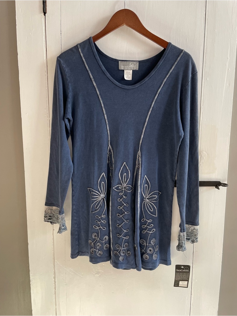Inca Cottons Slate Blue Embroidered Long-Sleeve Tunic Top Lace Edge Cuff XL NWT